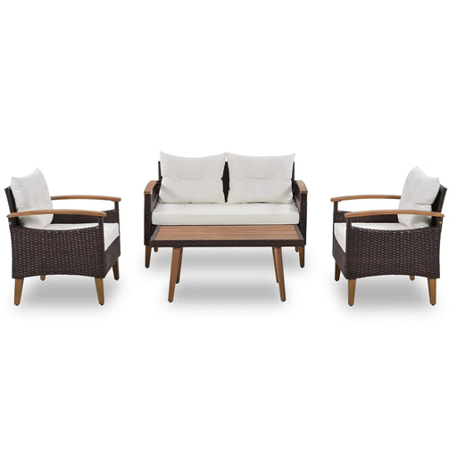 4 Piece PE Rattan Outdoor Sofa Set with Wood Table and Legs, Brown and Beige Default -DTYStore