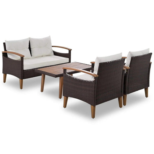 4 Piece PE Rattan Outdoor Sofa Set with Wood Table and Legs, Brown and Beige Default -DTYStore