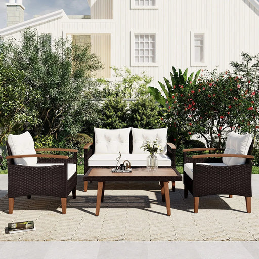 4 Piece PE Rattan Outdoor Sofa Set with Wood Table and Legs, Brown and Beige Default -DTYStore