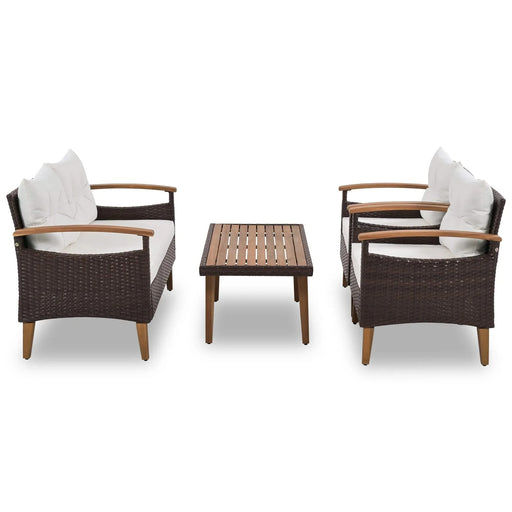4 Piece PE Rattan Outdoor Sofa Set with Wood Table and Legs, Brown and Beige Default -DTYStore