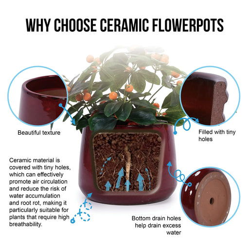 4 Pieces Ceramic Planter Pot, Modern Indoor Outdoor Flowerpot for Patio, Garden, or Windowsills - Bean Paste Red Default -DTYStore