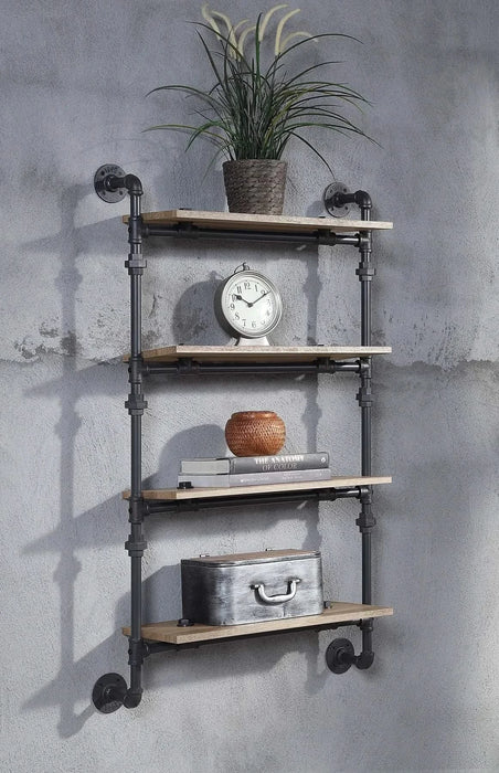 4 Tier Wall Shelf with Metal Tube, Oak and Sandy Black Default -DTYStore