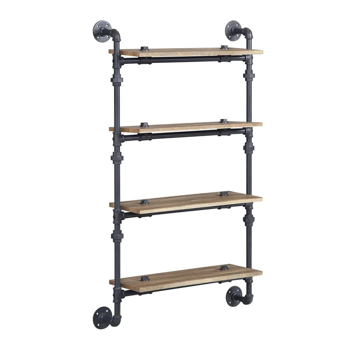 4 Tier Wall Shelf with Metal Tube, Oak and Sandy Black Default -DTYStore