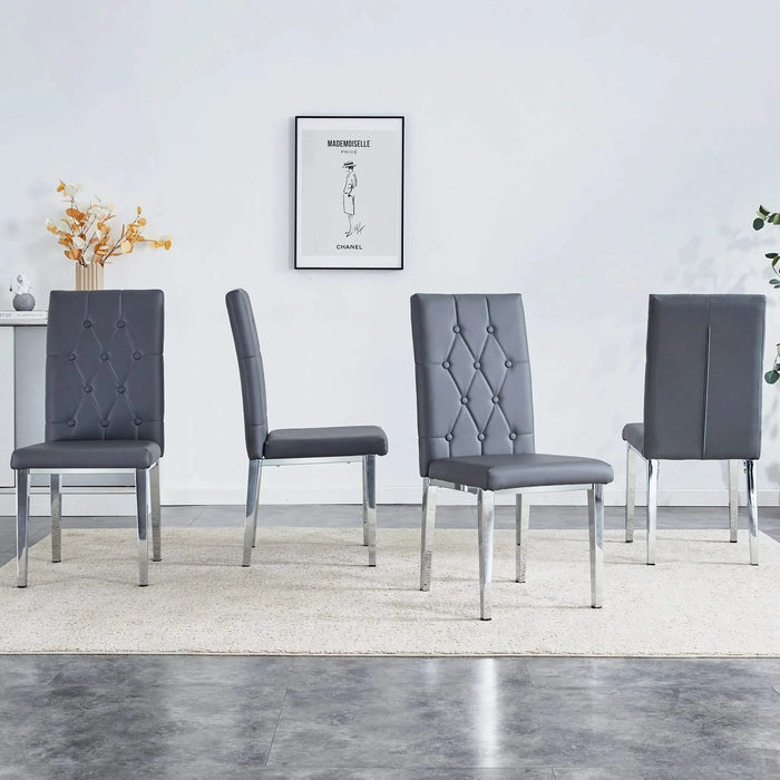 4 piece set of gray armless dining chairs brings a touch of elegance and mystery to the dining area with its deep gray tone,The grid and buckle design of the back add a vintage yet fashionable touch Default -DTYStore