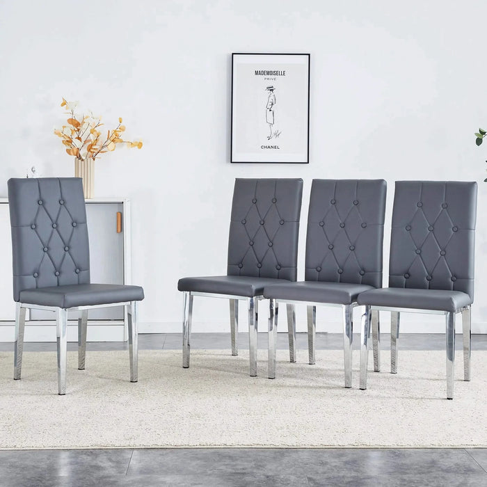 4 piece set of gray armless dining chairs brings a touch of elegance and mystery to the dining area with its deep gray tone,The grid and buckle design of the back add a vintage yet fashionable touch Default -DTYStore