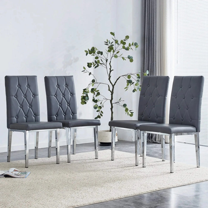 4 piece set of gray armless dining chairs brings a touch of elegance and mystery to the dining area with its deep gray tone,The grid and buckle design of the back add a vintage yet fashionable touch Default -DTYStore