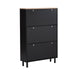 Narrow Design Tipping Bucket Shoe Cabinet with 3 Flip Drawers, Wood Grain Pattern Top Entryway Organizer with 3 Hooks, Free Standing Shoe Rack with Adjustable Panel for Hallway, Black - DTYStore