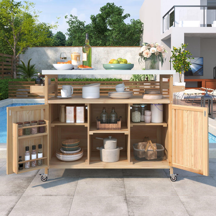Outdoor Kitchen Island, Rolling Bar Cart & Storage Cabinet, Farmhouse Solid Wood Outdoor Grill Table with Stainless Steel Top, Spice Rack , Towel Rack for Kitchen & BBQ , Natural - DTYStore