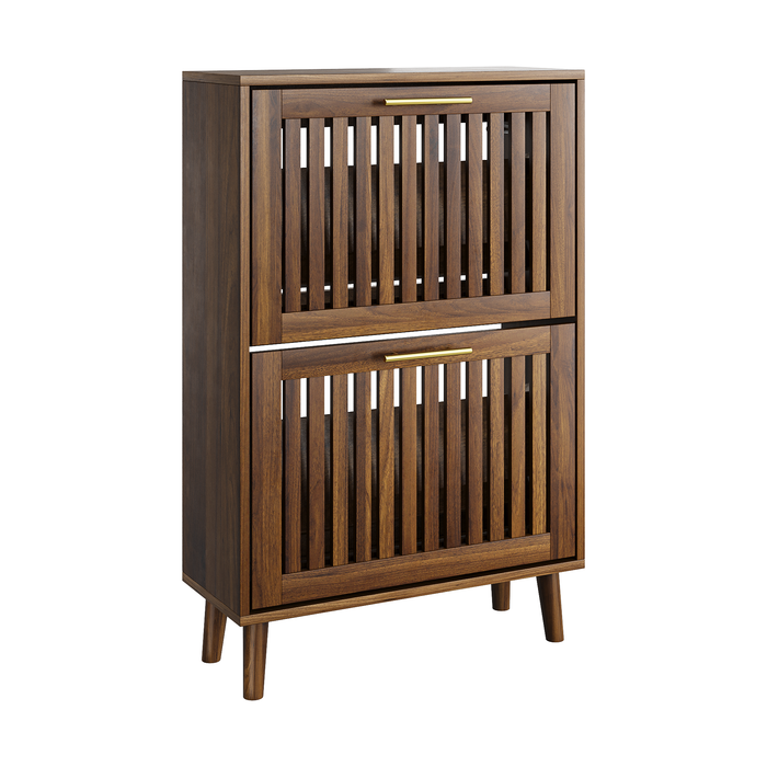 Medieval Modern Walnut Shoe Cabinet With 2 Flip Drawers And Fence Design, 23.6-Inch,MDF