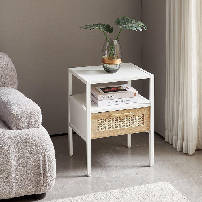 15.75" Rattan End table with drawer, Modern nightstand, metal legs,side table for living room, bedroom,white(1 pc) - DTYStore