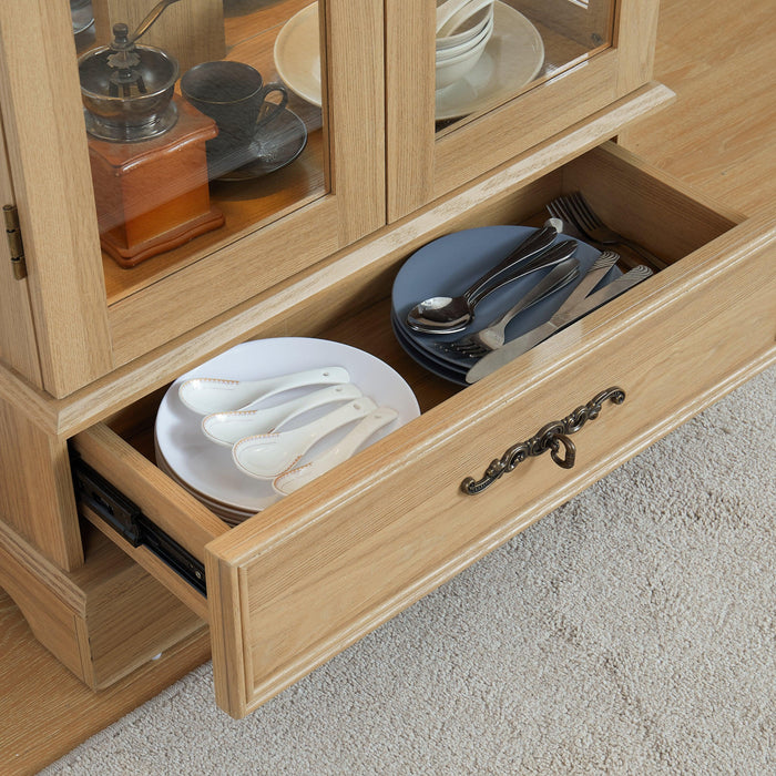 Glass Cabinet Lighted Glass Cabinet Curio Display Cabinet with Adjustable Glass Shelves 2 Doors and 1 drawer Cabinet Bulb Included OAK - DTYStore