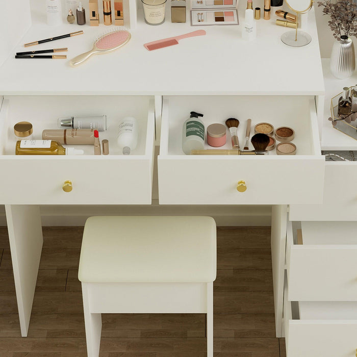 Fashion Vanity Desk with Mirror and Lights for Makeup and Cushioned Chair, Vanity Mirror with Lights and Table Set with 3 Color Lighting Brightness Adjustable,Dressing table, White Color - DTYStore