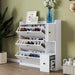 Versatile Tipping Bucket Shoe Cabinet with 3 Flip Drawers, Maximum Storage Entryway Organizer with Drawer, Free Standing Shoe Rack with Pull-down Seat for Hallway, White - DTYStore