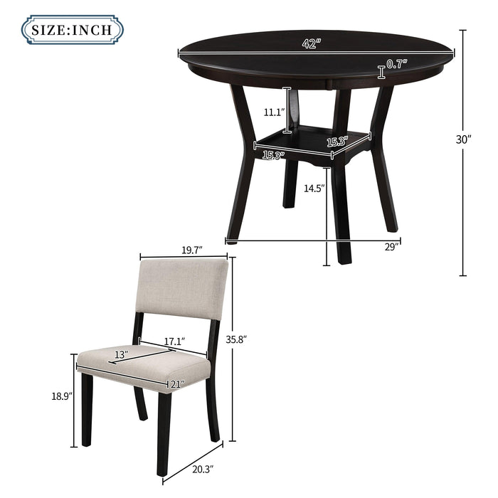 5-Piece Kitchen Dining Table Set Round Table with Bottom Shelf, 4 Upholstered Chairs for Dining Room(Espresso) - DTYStore