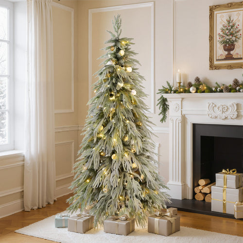 5FT Pre-Lit Spruce Snow Flocked Christmas Tree with LED Lights, Artificial Hinged Xmas Tree in White+Green, Made of PE and PVC, 59 Inches Tall - Image 2
