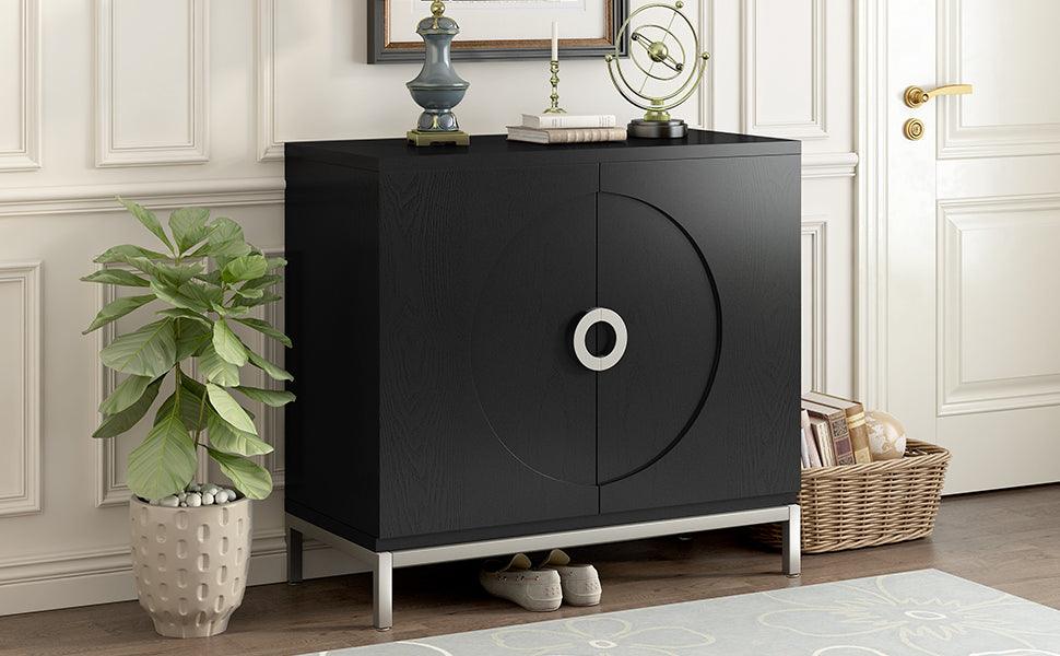 Simple Storage Cabinet Accent Cabinet with Solid Wood Veneer and Metal Leg Frame for Living Room, Entryway, Dining Room (Black) - DTYStore