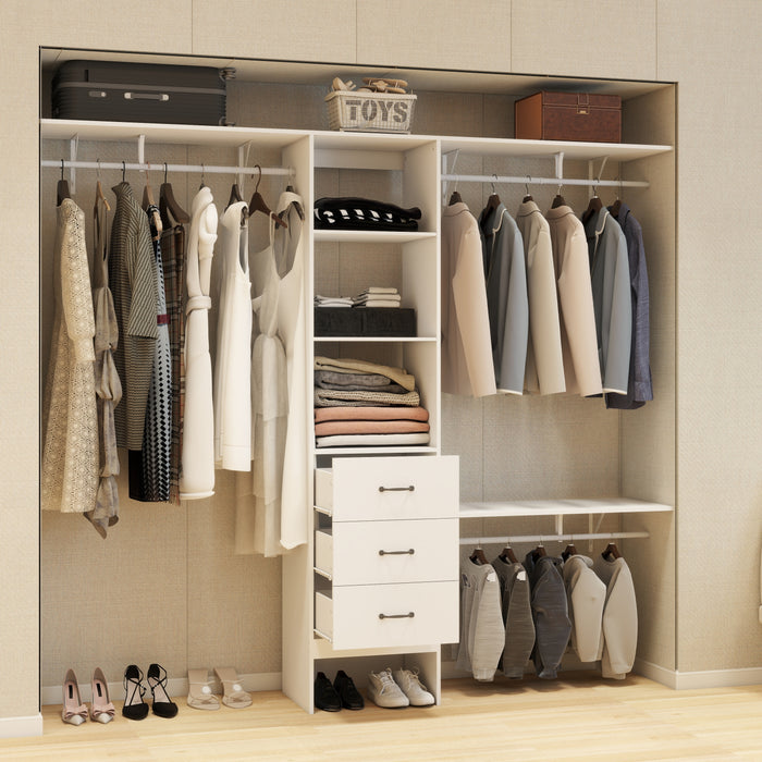 96 Inches Closet System, 8FT Walk In Closet Organizer with 3 Adjustable Shelves & 3 Expandable Hanger Rods & 3 Drawers, Built-In Garment Rack, 96"L x 16"W x 82"H, Load 1000 LBS-White