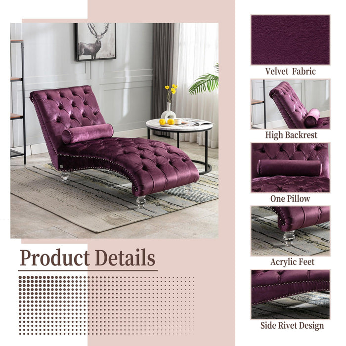 COOMORE Velvet Chaise Lounge Indoor,Button-Tufted Upholstered Chaise Lounge Chair with Pillow for Bedroom Living Room Office (Purple Velvet) - DTYStore