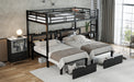 Full XL Over Twin & Twin Triple Bunk Bed with Drawers, Multi-functional Metal Frame Bed, Bed Head with Shelving & USB, Black - DTYStore