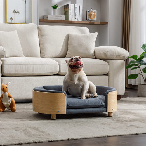 Scandinavian style Elevated Dog Bed Pet Sofa With Solid Wood legs and Bent Wood Back, Velvet Cushion,Mid Size,Dark Grey - Image 5