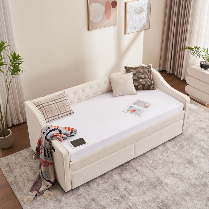 Twin Size Upholstered Daybed with Storage Drawers, Solid Wood Sofábed Bed Frame with Velvet Fabric & Wood Slat Support for Bedroom, Living Room, Office,Beige