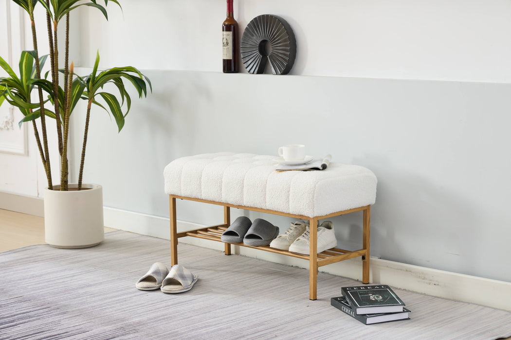 End of Bed Bench with Shelf, Teddy fabric Upholstered Storage Shoe Bench, Modern Bedroom Bench with Metal Legs for Living Room, Entryway, Dining Room, 300 LB, Linen Color(White)