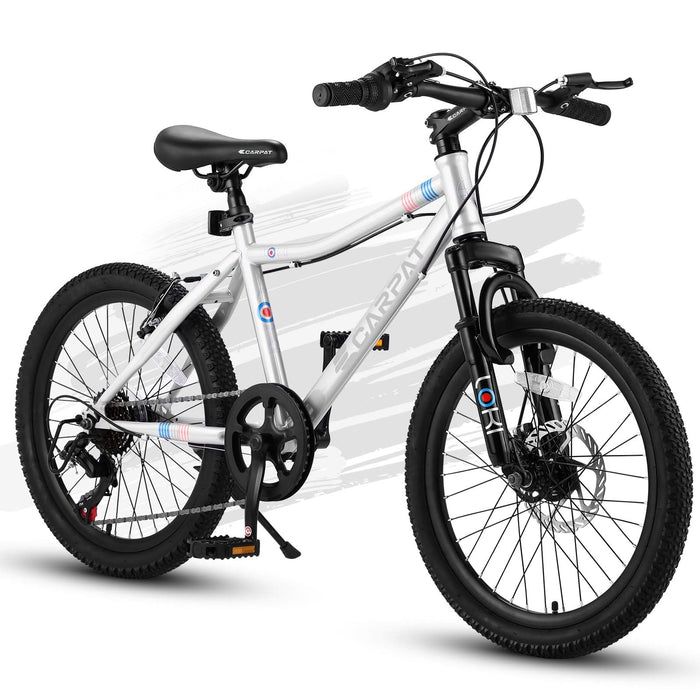 Ecarpat S20101 20 Inch Kids' Mountain Bike, 7 Speed, Front Suspension, White Steel Frame