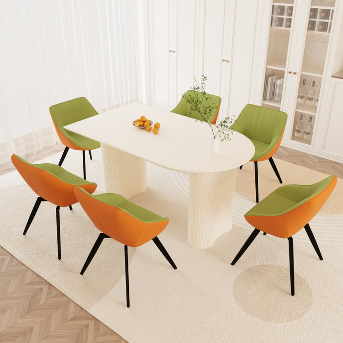 63" medieval modern cream style MDF dining table and green PU dining chair set, 6 sets of black metal leg dining chairs, suitable for kitchen&home