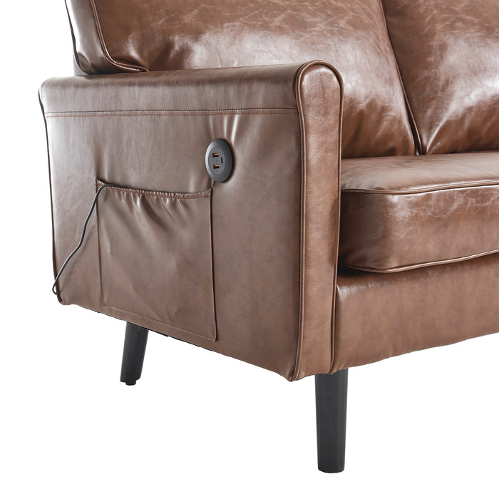 COOLMORE Loveseat Sofa, Mid Century Modern Love Seat, 2 Seater Sofa Couches for Living Room, Small Couch with USB & Removable Pillow Cover, Comfy Couch for Bedroom, Apartment (Brown PU)