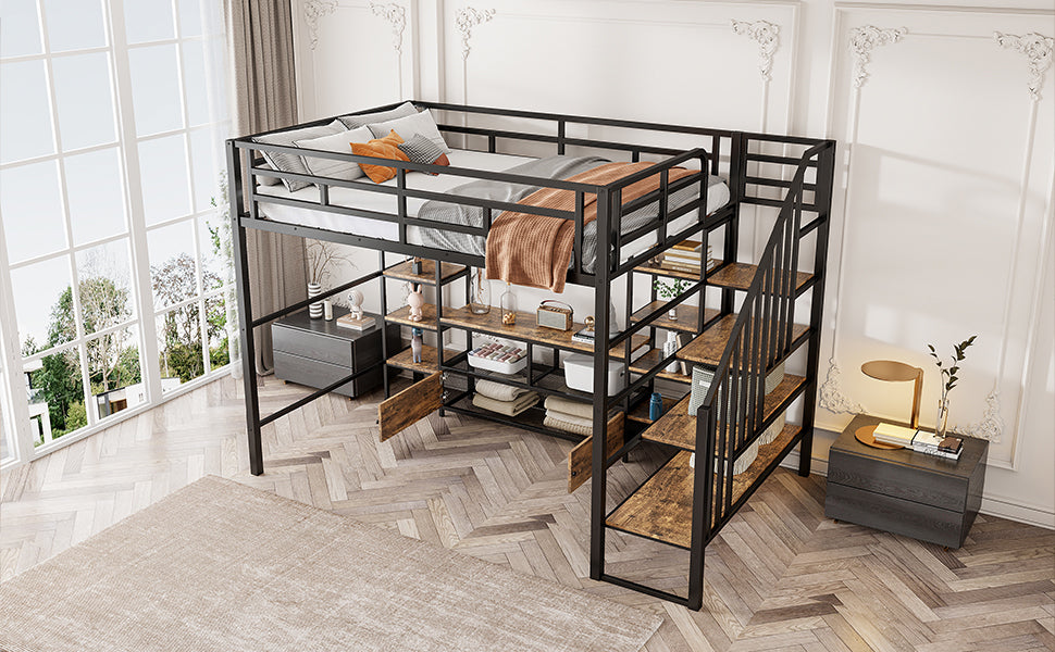 Full Size Metal Loft Bed with Staircase,Low Storage Table and Storage Shelves,Black
