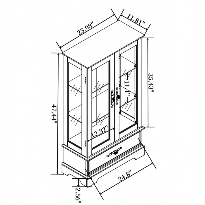 Glass Cabinet Lighted Glass Cabinet Curio Display Cabinet with Adjustable Glass Shelves 2 Doors and 1 drawer Cabinet Bulb Included White - DTYStore