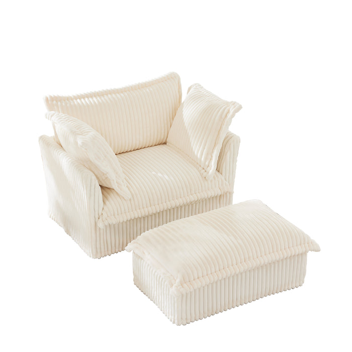 Upholstered Slipcovered Armchair with Ottoman, Deep Seat Armchair W/ Wide Ottoman for Living Room, Armchair Sets with Large Soft Pillows(Set of 2), Cream Corduroy Fabric