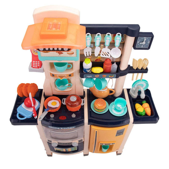 Large Pretend Play Kitchen Set Kids Cooking Playset with Realistic Lights, Vivid Sounds, Play Phone, Clock and 65 Pcs Accessories, 3 +, Blue - DTYStore