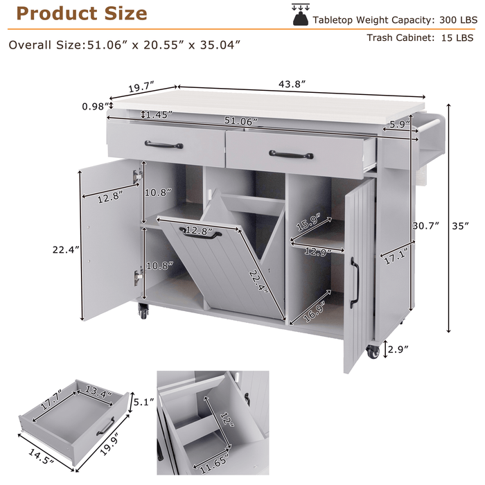 Kitchen Island with Trash Can Storage Cabinet, Kitchen Cart with Drop Leaf, Spice Rack, Towel Rack and Drawer, Rolling Kitchen Island on Wheels with Adjustable Shelf, Grey - DTYStore