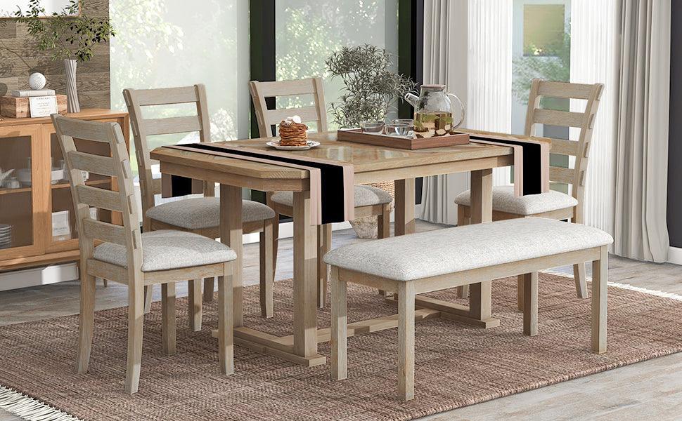 6-Piece Rubber Wood Dining Table Set with Beautiful Wood Grain Pattern Tabletop Solid Wood Veneer and Soft Cushion (Natural Wood Wash) - DTYStore