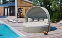 Patio Furniture Round Outdoor Sectional Sofa Set Rattan Daybed Two-Tone Weave Sunbed with Retractable Canopy, Separate Seating and Removable Cushion, Gray - DTYStore