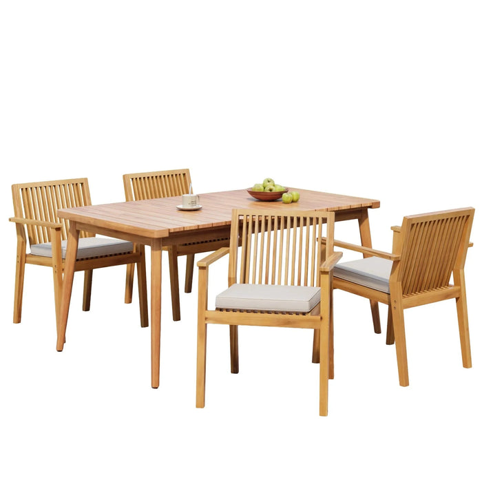 5-Piece Acacia Wood Outdoor Dining Set, Patio Table & Chairs with Removable Cushions, Slatted Tabletop for Garden Backyard Default -DTYStore