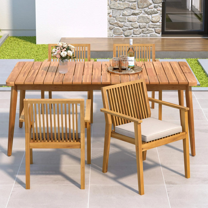5-Piece Acacia Wood Outdoor Dining Set, Patio Table & Chairs with Removable Cushions, Slatted Tabletop for Garden Backyard Default -DTYStore