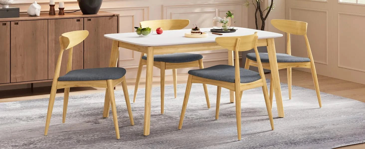 5-Piece Dining Set, 1 Table + 4 Chairs, Rubberwood Frame, Ergonomic Chairs & Faux Wood Table, Natural+Grey+White Oak Default -DTYStore