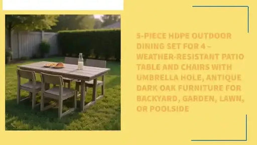 5-Piece HDPE Outdoor Dining Set for 4 – Weather-Resistant Patio Table and Chairs with Umbrella Hole, Antique Dark Oak Furniture for Backyard, Garden, Lawn, or Poolside Default -DTYStore