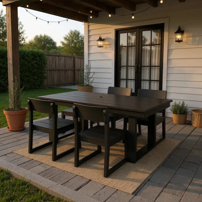 5-Piece HDPE Outdoor Dining Set for 4 – Weather-Resistant Patio Table and Chairs with Umbrella Hole, Black Furniture for Backyard, Garden, Lawn, or Poolside Default -DTYStore