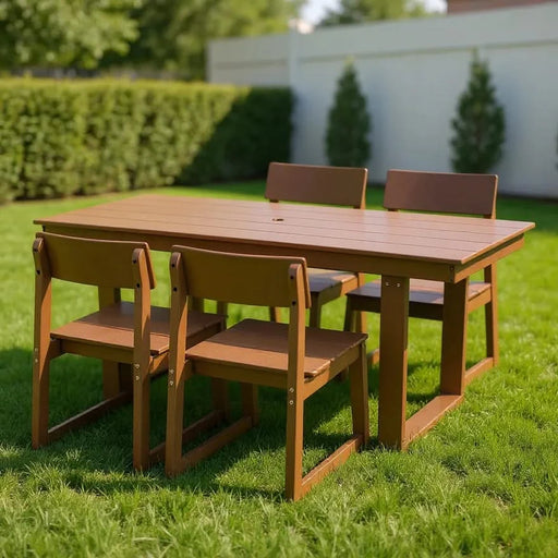 5-Piece HDPE Outdoor Dining Set for 4 – Weather-Resistant Patio Table and Chairs with Umbrella Hole, Brown Furniture for Backyard, Garden, Lawn, or Poolside Default -DTYStore