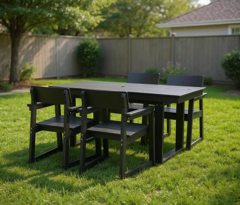 5-Piece HDPE Outdoor Dining Set for 4 – Weather-Resistant Patio Table with Umbrella Hole and 4 Armrest Chairs, Durable Garden Furniture for Backyard, Lawn, Deck, or Poolside (Black) Default -DTYStore