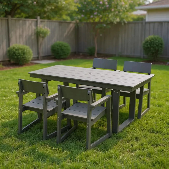 5-Piece HDPE Outdoor Dining Set for 4 – Weather-Resistant Patio Table with Umbrella Hole and 4 Armrest Chairs, Durable Garden Furniture for Backyard, Lawn, Deck, or Poolside (Grey) Default -DTYStore