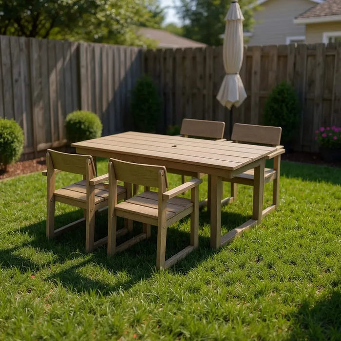 5-Piece HDPE Outdoor Dining Set for 4 – Weather-Resistant Patio Table with Umbrella Hole and 4 Armrest Chairs, Durable Garden Furniture for Backyard, Lawn, Deck, or Poolside (Wood) Default -DTYStore