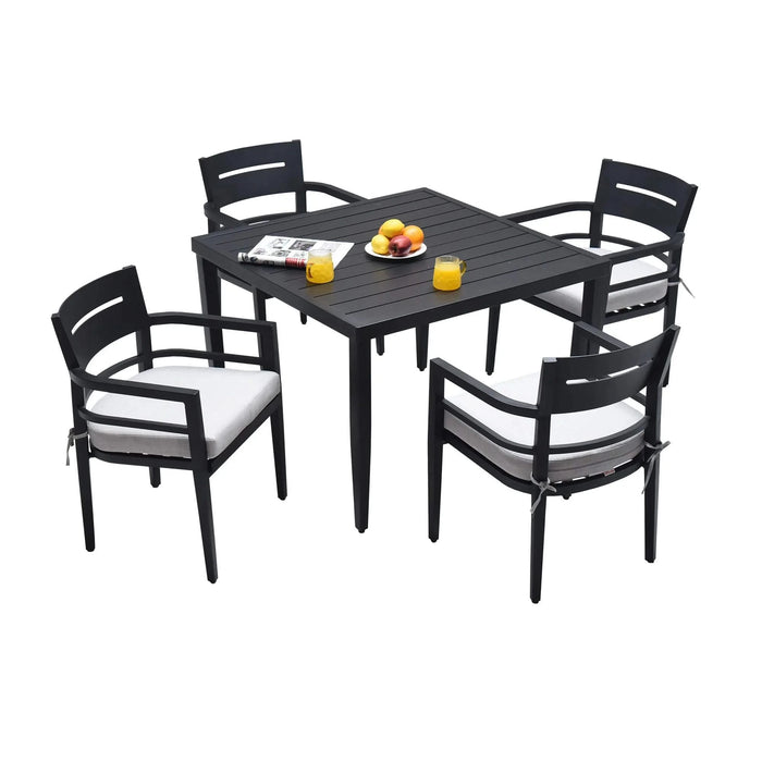 5-Piece Outdoor Patio Aluminum Furniture, Modern Dining Set, including 4 Dining Chairs Sunbrella Fabric Cushioned and 40' Square Dining Table with 2'Umbrella Hole, Ember Black Default -DTYStore