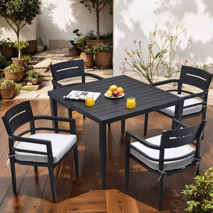 5-Piece Outdoor Patio Aluminum Furniture, Modern Dining Set, including 4 Dining Chairs Sunbrella Fabric Cushioned and 40' Square Dining Table with 2'Umbrella Hole, Ember Black Default -DTYStore