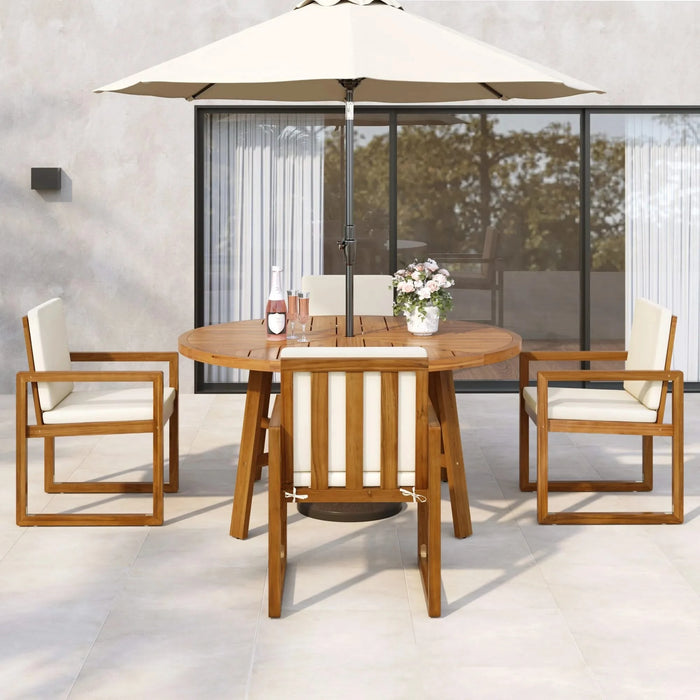 5-Piece Outdoor Patio Dining Set Acacia Wood with Four Armchairs and Table, Beige Default -DTYStore