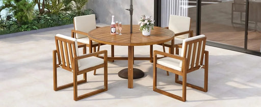 5-Piece Outdoor Patio Dining Set Acacia Wood with Four Armchairs and Table, Beige Default -DTYStore