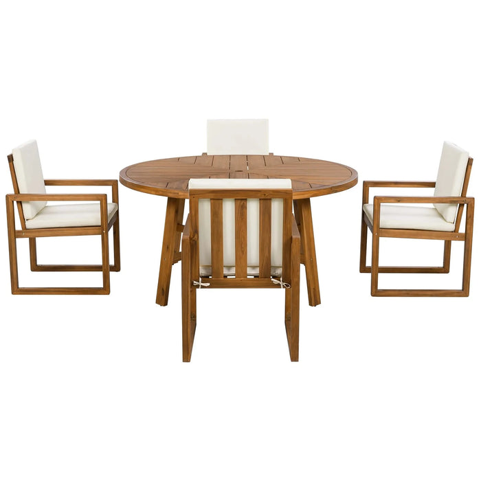 5-Piece Outdoor Patio Dining Set Acacia Wood with Four Armchairs and Table, Beige Default -DTYStore